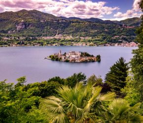 aerial view of lake Orta , may 29, 2019, in Orta san Giulio, piedmont, italy